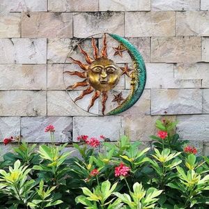 Grande décoration murale en métal Soleil et lune avec étoile - Sculpture pour maison, jardin, terrasse, porche, clôture