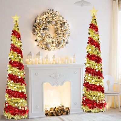 Sapin De Noël Artificiel 180 Cm – Design Spiralé Pailleté Vert Et Or – Pliable, Pop-up – Support Stable – Déco Festive