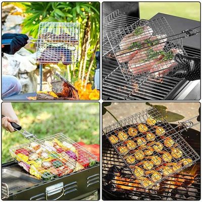 Panier Grillage Barbecue Acier Inoxydable - 2 Tailles Avec Fourchettes Et Crochets - Poignée Bois