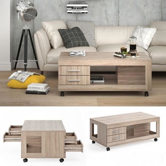 Table Basse En Sonoma Chene Avec Tiroirs Et Roues Achat Vente