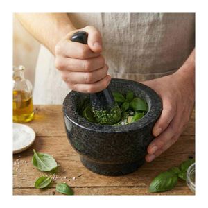 Mortier carré en granit avec pilon, robuste, épices, herbes, d. 250ml
