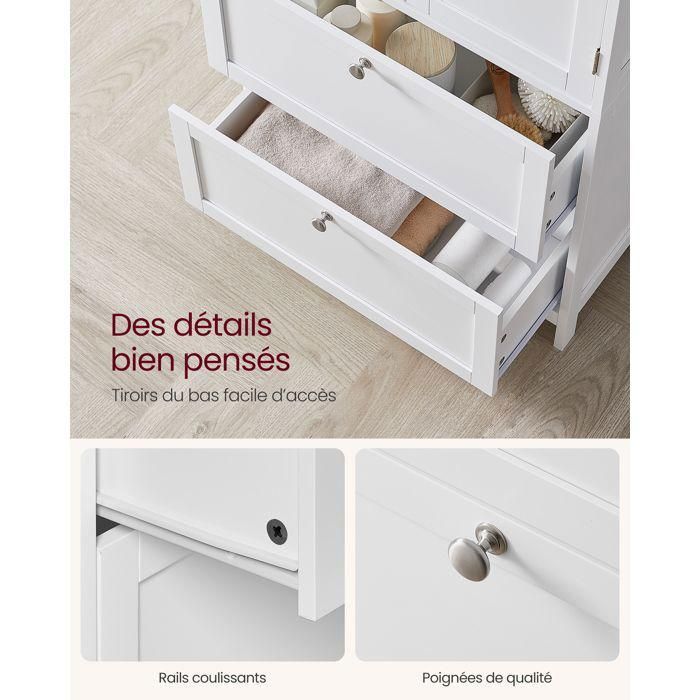 Armoire De Salle De Bain Haute, Avec Étagères Réglables, Tiroir