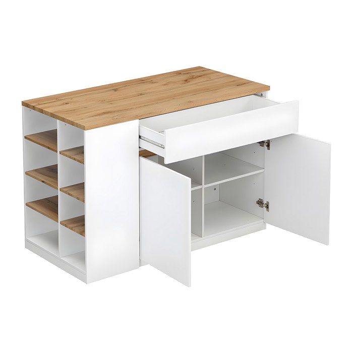 Îlot De Cuisine BELISA - 124x75x82 Cm - Plan De Travail Chêne, étagères - Blanc/Fresco - À Monter - 10