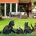 Cat Yard Art Jardin Statues Métalliques Déco, 3 PIÈCES Chat Évider Silhouette Forme Animale Pieu Décorations, Noir-0