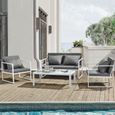 [casa.pro]® Salon de jardin Ensemble de jardin Table basse avec canapé et chaises extérieure Métal Verre Polyester Blanc-0