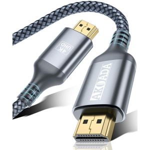 AkoaDa Câble HDMI 4K 3m Câble HDMI 2.0 haut débit 4K@60 Hz 18Gbps Connecteurs plaqués or avec canal de retour Ethernet/audio 3D Xbox PS3/4 gris compatible avec vidéo 4K UHD 2160p HD 1080p