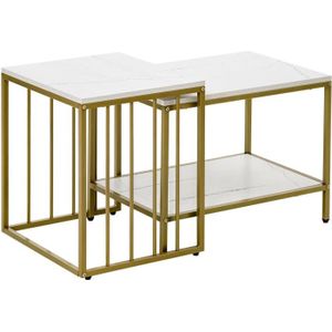 TABLE BASSE Lot de 2 tables basses gigognes style art déco - acier doré panneaux aspect marbre blanc 45x45x50cm Blanc