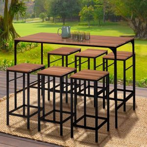 MANGE-DEBOUT IDMARKET Salon de jardin PANAMA ensemble de bar table haute et 6 tabourets design industriel acacia