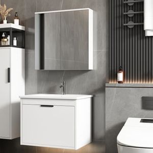 SALLE DE BAIN COMPLETE Ensemble de meubles de salle de bain, meuble lavabo suspendu largeur 60 cm, avec lavabo en céramique, meuble miroir, blanc