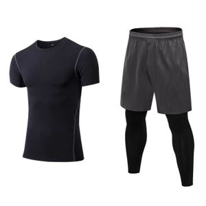 ENSEMBLE DE SPORT Homme Sport Ensemble de Vêtements Manche Courte T Shirt Top Et Leggings Pantalon Faux Deux Pièces Fitness 2 en 1 Pantalons Gris