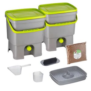 Vert Olive avec de EM Bokashi Ferment 1 kg Skaza Bokashi Organko Set 2 x 16 L Starter Set pour Les D/échets de Cuisine et Le Compostage Lot de 2 Composteurs en Plastique Recycl/é
