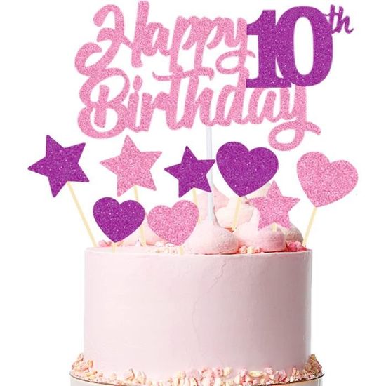 Decoration de gateau anniversaire 10 ans fille, paillettes cake topper  happy 10th birthday doré, gateau ballons confettis coe[234] - Cdiscount  Maison