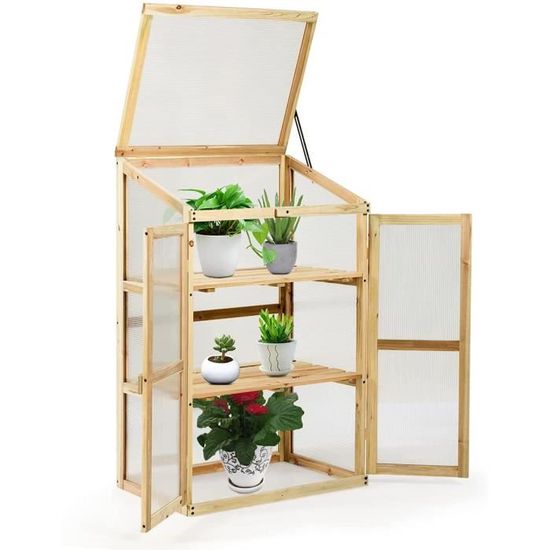 Mini Serre En Bois 60x45x100CM Vitrages Transparents En Polycarbonate Plateau Superieur Amovible Avec Etageres A 3 Niveaux Pour Jardin Porche 87814798