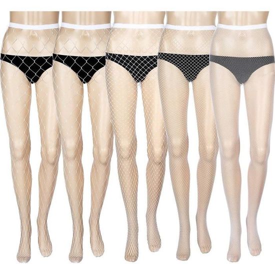 5 Paires Bas En Résille Maille Croisée - Collants Résille Femme Sexy Et Élégants (Blanc)