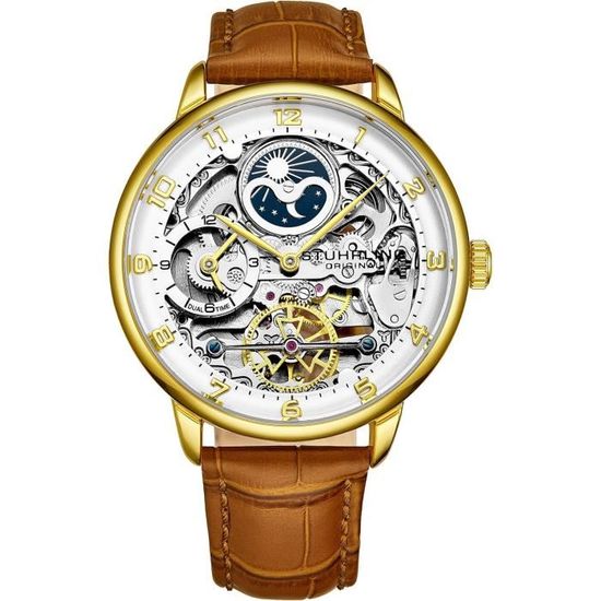 Stuhrling Original Montre Automatique avec Cadran analogique et Cadran analogique Double Fuseau horaire Heure du Matin Heure du Brun Classique Achat vente montre Mixte Adulte Noir Cuir Black Friday Cd...