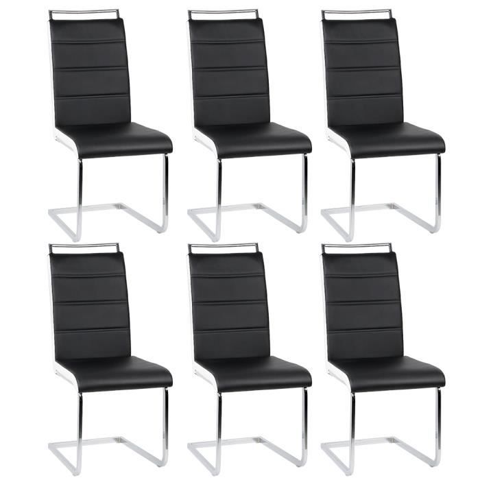 Lot de 6 Chaises de Salle à Manger avec Assise Rembourrée Large Poignée Revêtement en Cuir PU - Noir/Blanc