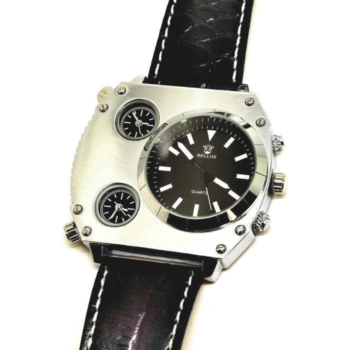 Montre Homme Acier Métal Noir Alu Épuré 3 Fuseaux Original Chrome Idée Cadeau