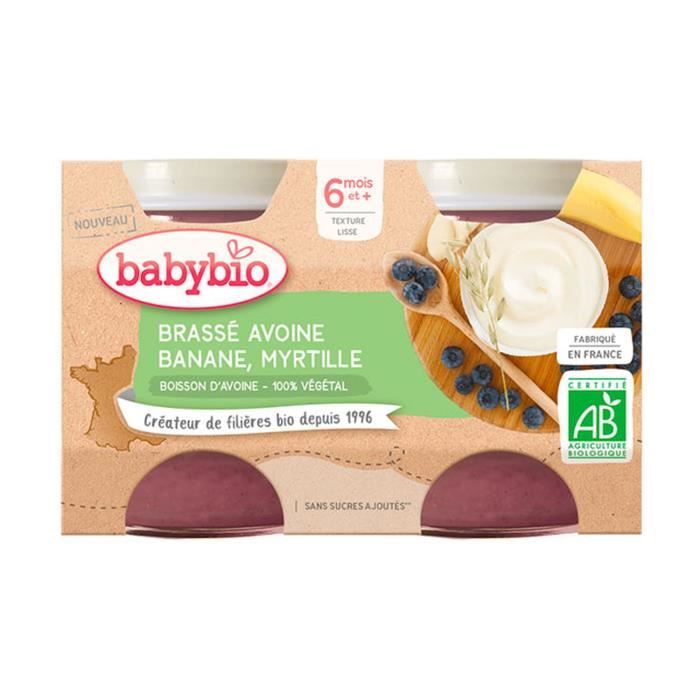 Babybio - Petit Pot Bébé Brassé Avoine Banane Myrtille - Bio - 2x130g - Dès 6 mois