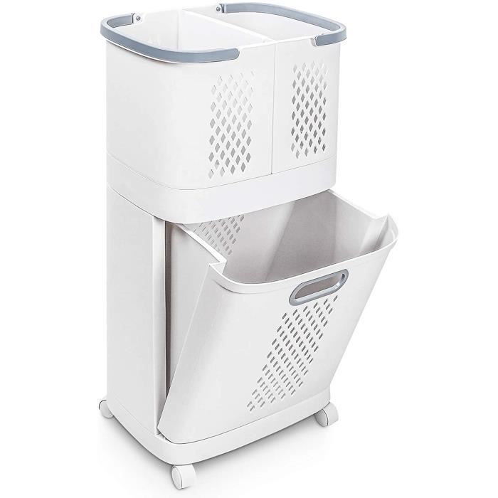 Yorbay Panier à linge sur Roulettes, Trieuse à linge à 2 étages, 3 Paniers de Rangement, Bac à linge, Chariot à linge, Bac à linge p
