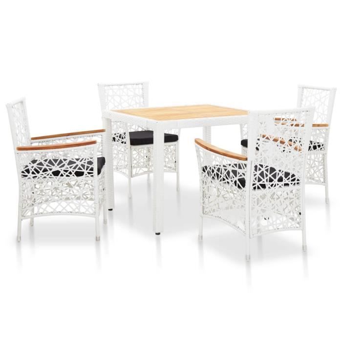 Ensemble de salle à manger d'extérieur design élégant 1 x table+4 x chaises Résine tressée Blanc