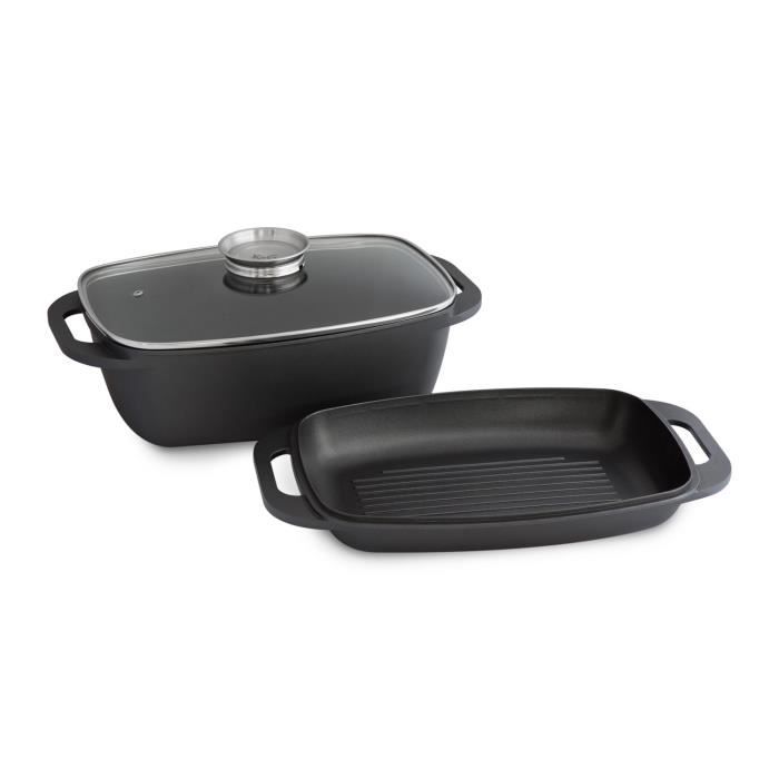 Cocotte en fonte d’aluminium avec couvercle en verre et bouton aroma intégré de K & G seit 1948 ovale robuste en alu avec purge à