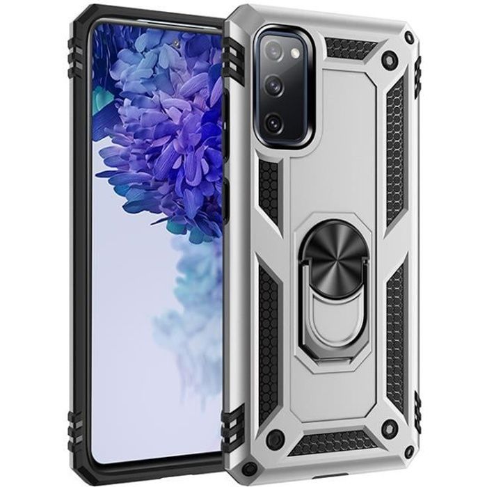 Coque Samsung Galaxy S20 FE (5G), Aimant Support Bague Armure Robuste Silicone Ultra-fin Double Protection Renforcée, Argent