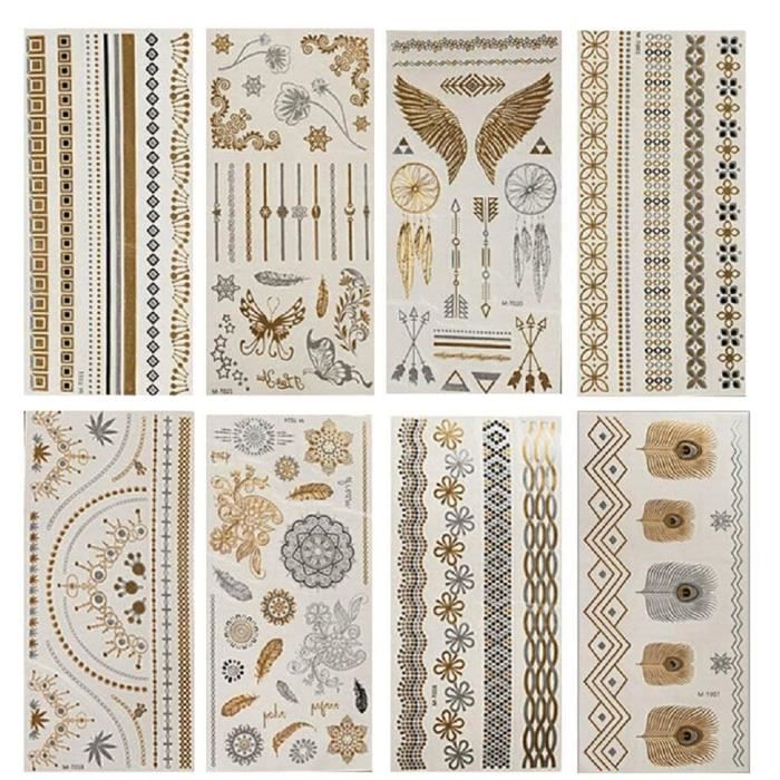 8 Planches de 21x10 cm de Tatouages éphémères métalliques brillants , motifs variés