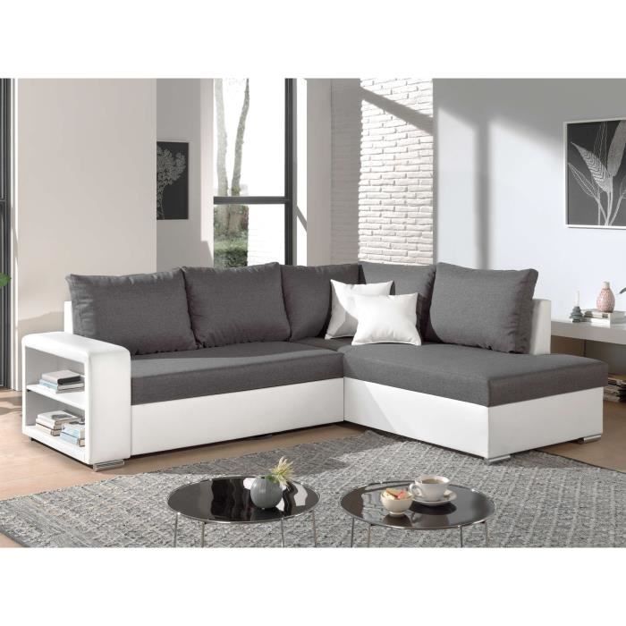 Athena - Canapé d'angle convertible - avec coffre et étagère - en simili et tissu - Droit Couleur - Blanc / Gris