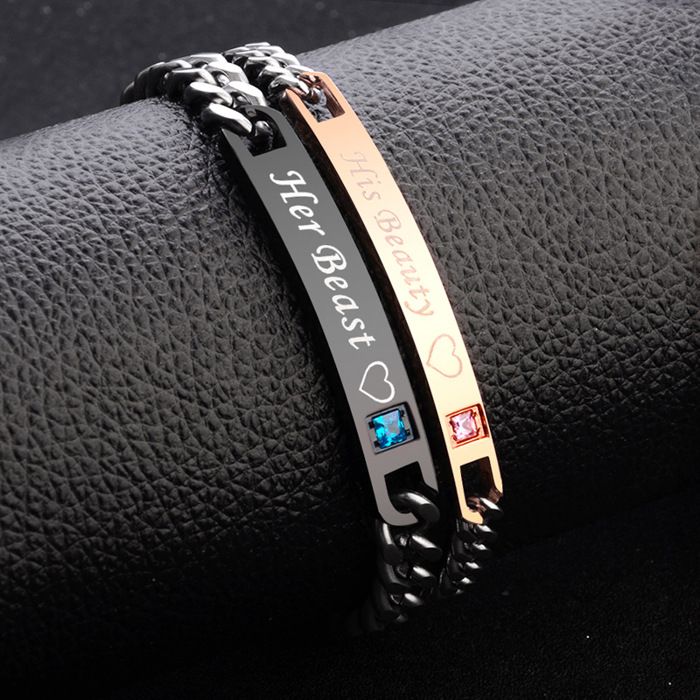 2PCS Bracelets Acier Inoxydable Roi&Reine Prince&Princesse Chaînes de Main Couples Amoureux Femme Homme Goumettes Couleur Argent Cad