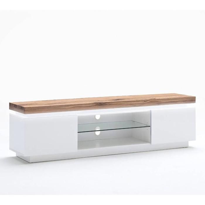 Meuble TV ROMINA 2 portes structure laquée blanc mat plateau chêne noueux huilé blanc Inside75
