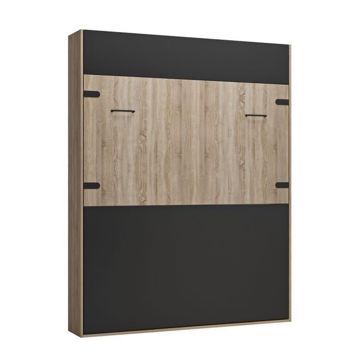 Lit escamotable style industriel STUKEY chêne bandeaux et ferrures noir mat 160 x 200 cm vintage Metal Inside75