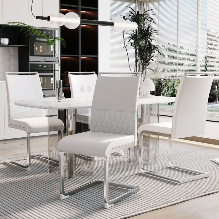 Lot de 4 Chaise RembourréStyle moderne Dossier en Similicuir PU + Lin pour Salle à MangerCuisineSalon Blanc