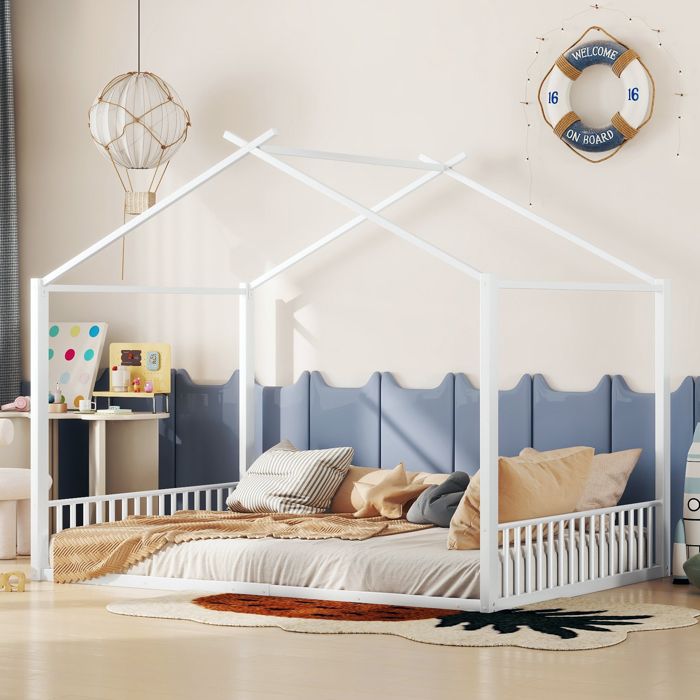 Lit cabane 140x200cm - lit enfnat en structure en fer avec sommier à lattes et barre de maison sans matelas - blanc