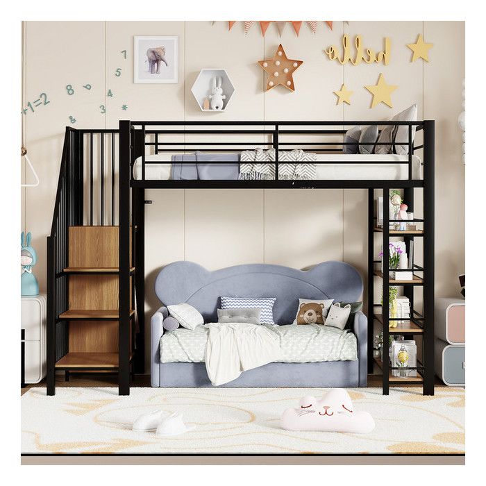 Lit mezzanine 90 x 200 cm avec petite armoire Lit enfant avec barrière haute et étagères Lit 1 Personne Lit en fer Noir