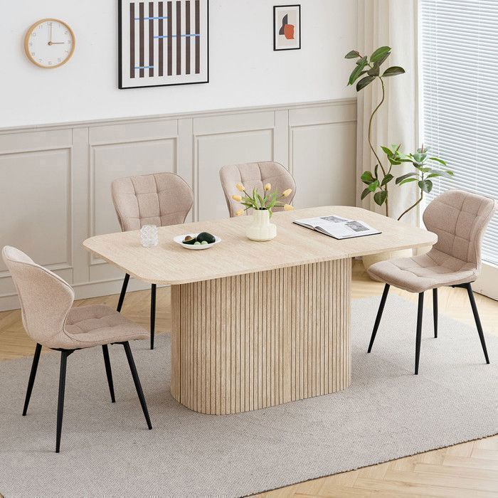 Table à manger ovale - Table à Manger Base Bois - Grand Plateau MDF - Table à Manger Style Contemporain - L160cm - Travertin Jaune