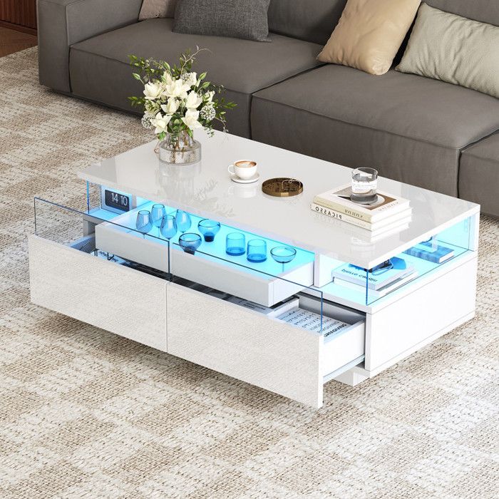 Table Basse Brillante pour Salon Table dappoint en Verre Trempé Table Basse avec éclairage LED 2 Tiroirs 90x45x35.5cm Blanc
