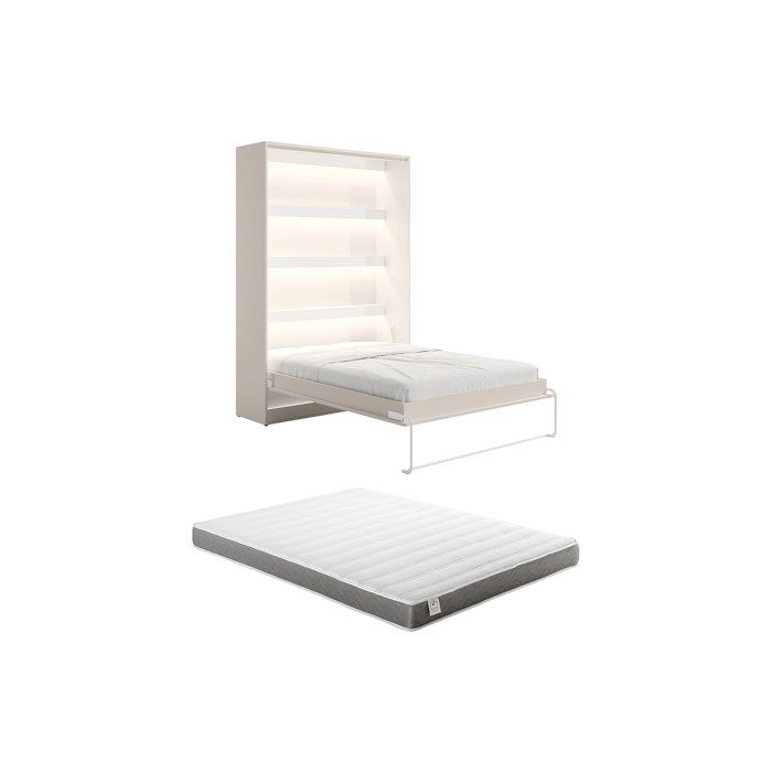Lit escamotable 140 x 200 cm - Ouverture verticale manuelle - Avec LEDs - Beige + Matelas - RAPILI