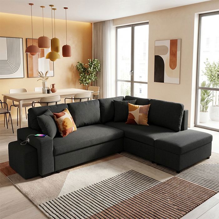 VEGA Canapé dangle reversible convertible Gris CHARBON (tissu texturé) - Taille L - 5 places - 258 x 157 x 83
