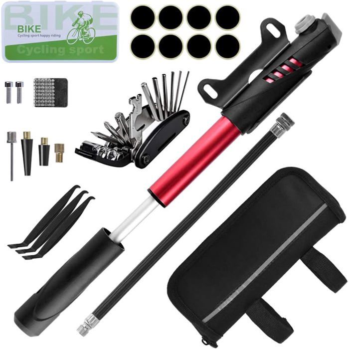 Kit Doutils pour Vélo Outil de Réparation Sacoches avec Mini Pompe 120 PSI Outils Multifonction Pièce Crowbar pour Plein Camping