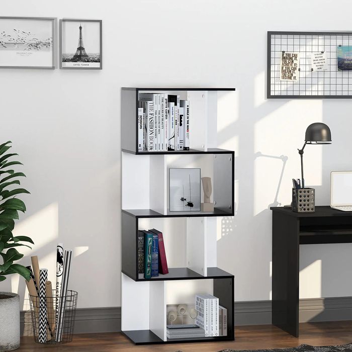 Bibliothèque design en S 4 étagères - 60L x 24P x 148H cm Noir+Blanc Bibliothèque design en S 4 étagères - 60L x 24P x 148H cm Noir+Blanc