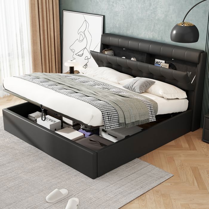 O.Ye Lit capitonné 140 x 200 cm à commande hydraulique avec rangement dissimulé PU noir (matelas non inclus) . noir LIT COMBINE