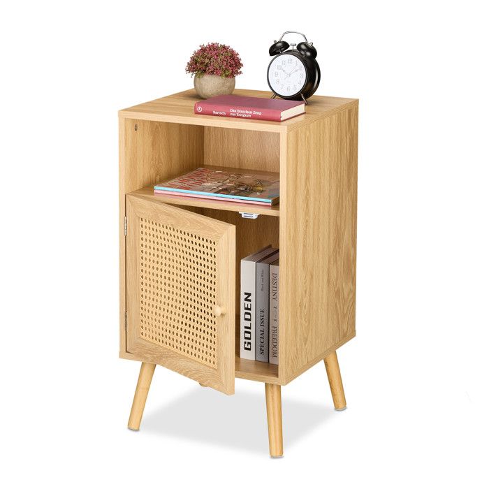 2 tables de chevet portes en rotin effet bois H x L x P : 72 x 40 x 39 cm étagère ouverte naturel