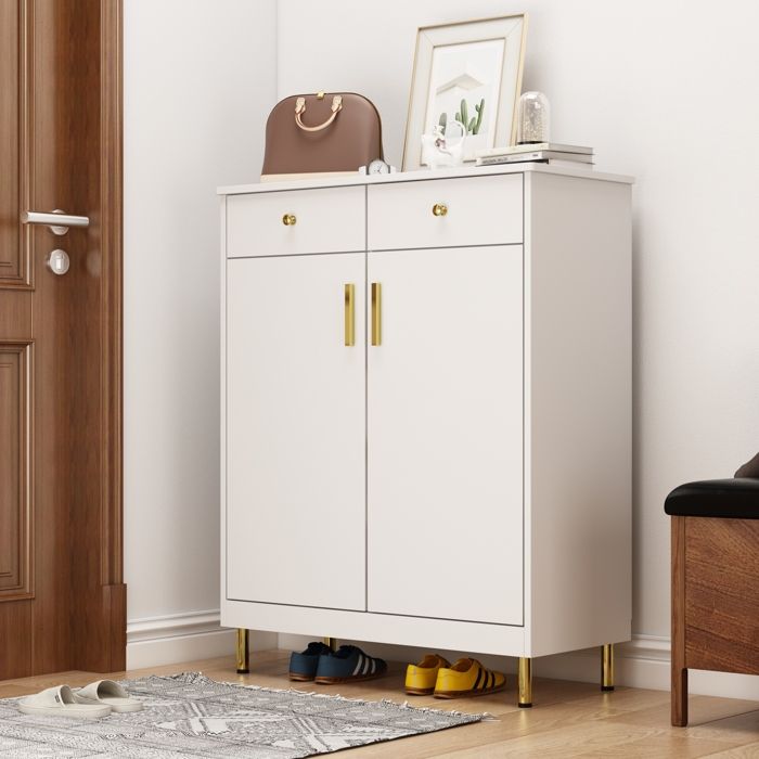 Meuble à Chaussures avec 4 Etagères et 2 Tiroirs Armoire à Chaussures avec Poignée en Métal Entrée 80x35x100 Blanc