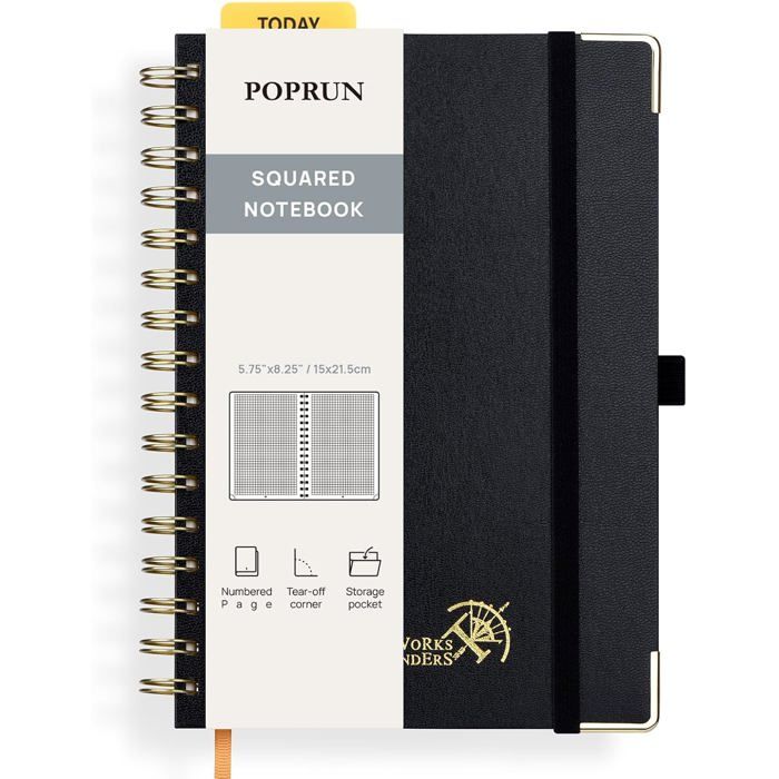 POPRUN Carnet de Notes Carreaux A5 Spirale - Bullet Journal Grille avec ...