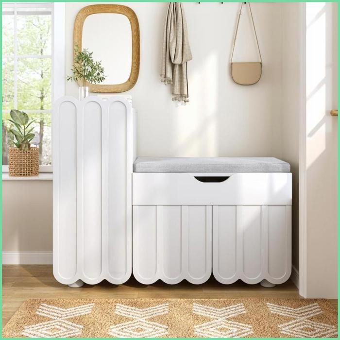 Cabinet à Chaussures 3 Portes avec Banc Rembourré et Tiroir – Blanc Compact pour Flur/Entrée