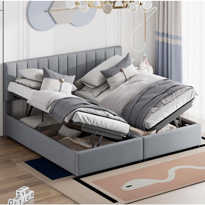 Maisentiel Lit double rembourré gris 180 x 200 cm avec coffre hydraulique et sommier à 24 lattes