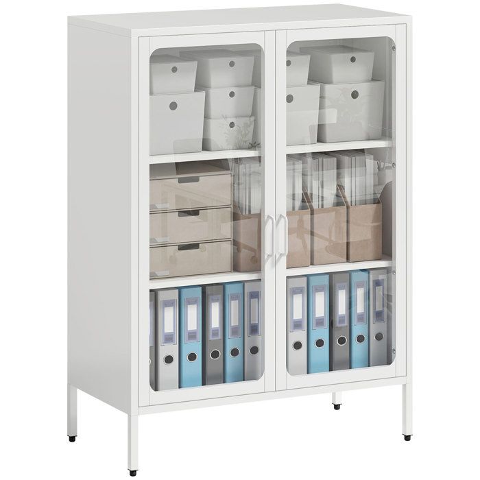 Armoire de bureau - HOMCOM - 3 niveaux - 2 portes vitrées - 2 étagères réglables - cadre en acier - 80x40x110cm - blanc Armoire de bureau - HOMCOM - 3 niveaux - 2 portes vitrées - 2 étagères réglables - cadre en acier - 80x40x110cm - blanc