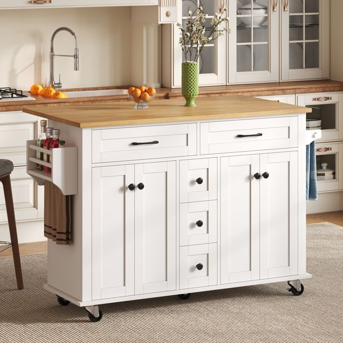 Desserte de cuisine 140x40x89 cm avec plateau rabattable 5 tiroirs MDF Blanc couleur naturelle