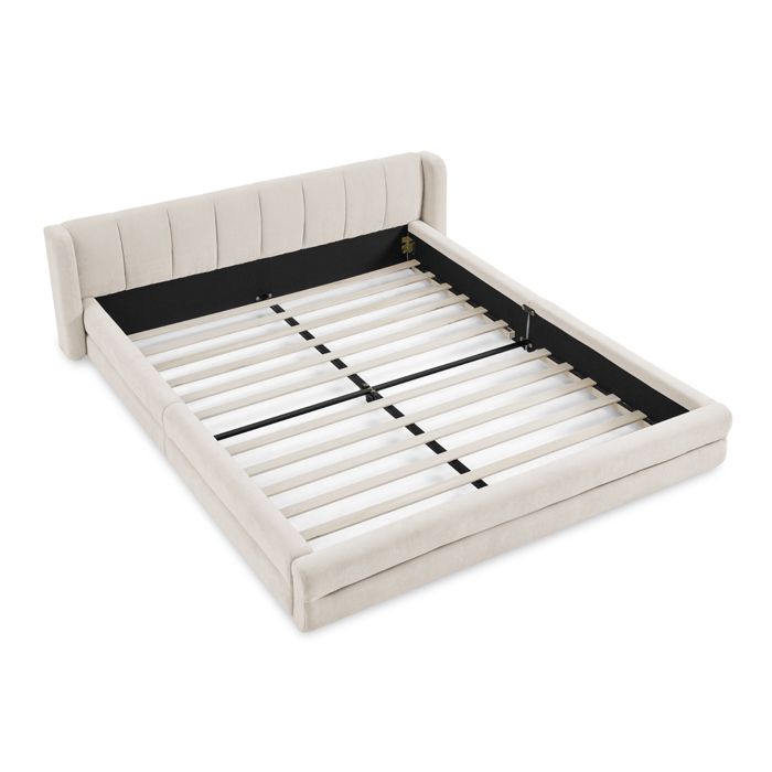 Lit Double 140x200 cm - Lit Capitonné avec Dossier Confortable Chenille Beige et Cadre en Bois d’Eucalyptus - Sans Matelas
