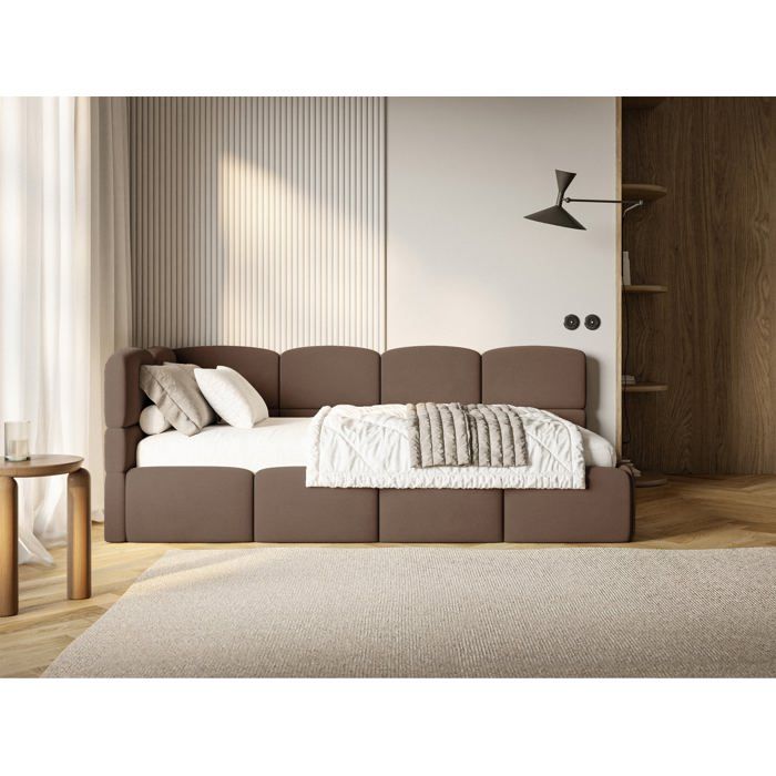 Lit ado – CLOUDY – 120x200 cm – tête de lit à gauche – matelas & coffre de rangement – velours marron Lit ado – CLOUDY – 120x200 cm – tête de lit à gauche – matelas & coffre de rangement – velours marron